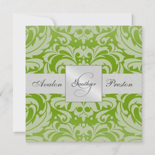Grüne Monogramm-Damast Einladung zur Hochzeit (Vorderseite)