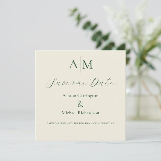 Grüne Monogramm Moderne Hochzeit Save The Date (Stehend Vorderseite)