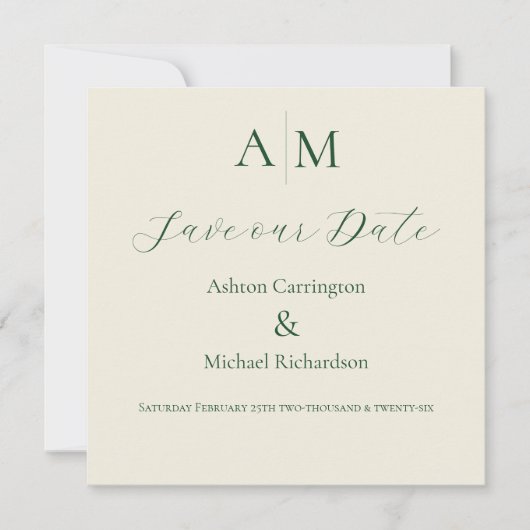 Grüne Monogramm Moderne Hochzeit Save The Date (Vorderseite)