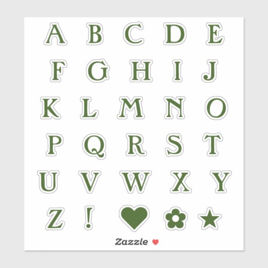 Grüne Monogramm-Textbuchstaben | Alphabet Heart St Aufkleber (Blatt)