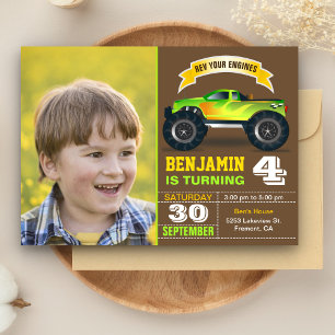 Grüne Monster-Truck-Kinder-Foto-Geburtstagsfeier Einladung