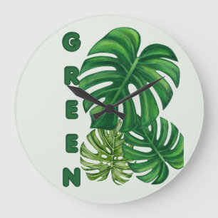 Grüne Monstera-Blätter Große Wanduhr