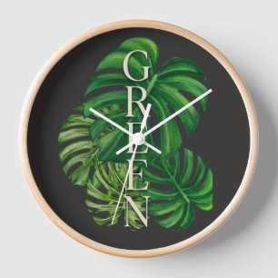 Grüne Monstera-Blätter Uhr