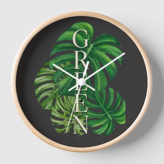 Grüne Monstera-Blätter Uhr (Vorderseite)