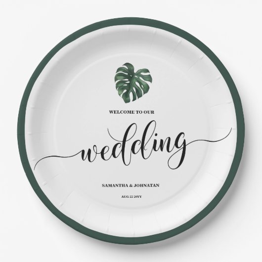 Grüne Monstera Leaf Hochzeitszeitung Tellers Pappteller (Vorderseite)