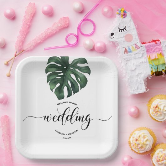 Grüne Monstera Leaf Hochzeitszeitung Tellers Pappteller (Party)