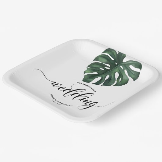 Grüne Monstera Leaf Hochzeitszeitung Tellers Pappteller (Gewinkelt)