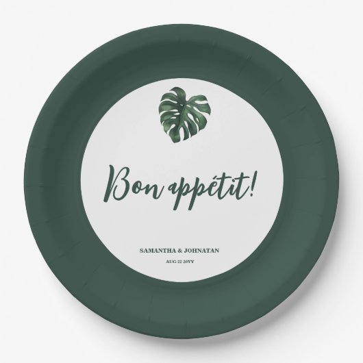 Grüne Monstera Leaf Hochzeitszeitung Tellers Pappteller (Vorderseite)