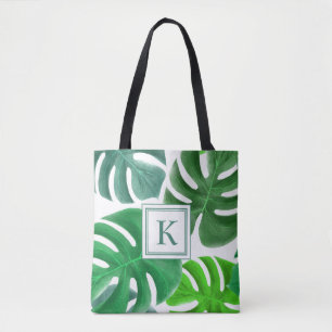 Grüne Monstera-Pflanzenblätter Muster Monogramm Tasche
