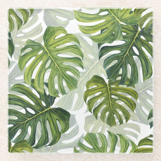 Grüne Monstera Tropical Watercolor Glasuntersetzer (Vorderseite)