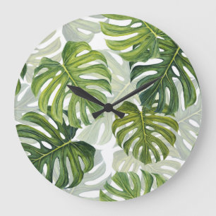 Grüne Monstera Tropical Watercolor Große Wanduhr