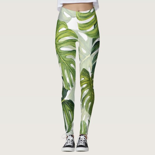 Grüne Monstera Tropical Watercolor Leggings (Vorderseite)