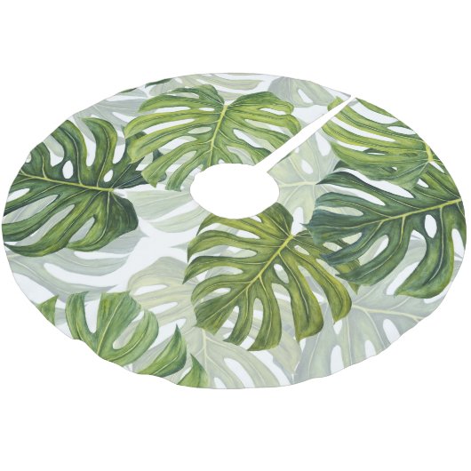 Grüne Monstera Tropical Watercolor Polyester Weihnachtsbaumdecke (Schrägansicht)
