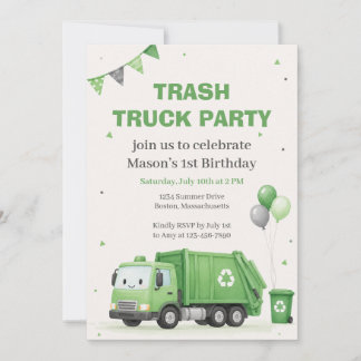 Grüne Müllwagen-Einladung zum 1. Geburtstag Einladung