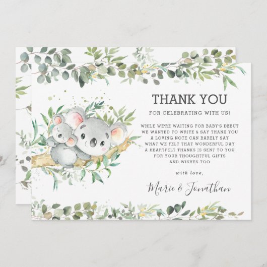 Grüne Niedlich Koala Gender Neutral Baby Dusche Dankeskarte (Vorne/Hinten)