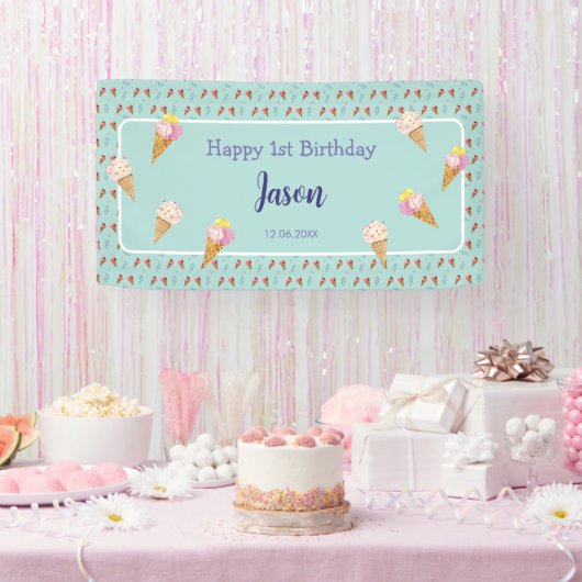 Grüne Niedliche Eiscreme Cone Kinder Junge Geburts Banner (Party)