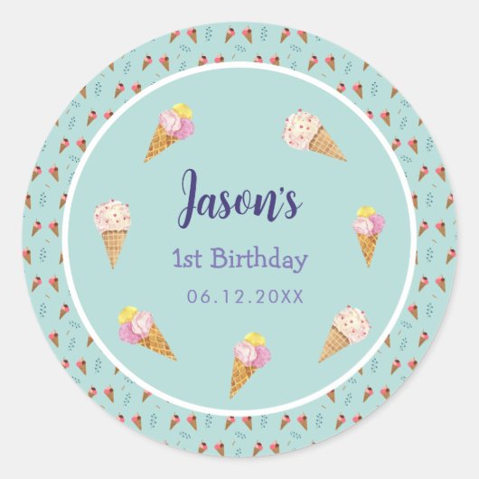 Grüne Niedliche Eiscreme Cone Kinder Junge Geburts Runder Aufkleber (Vorderseite)