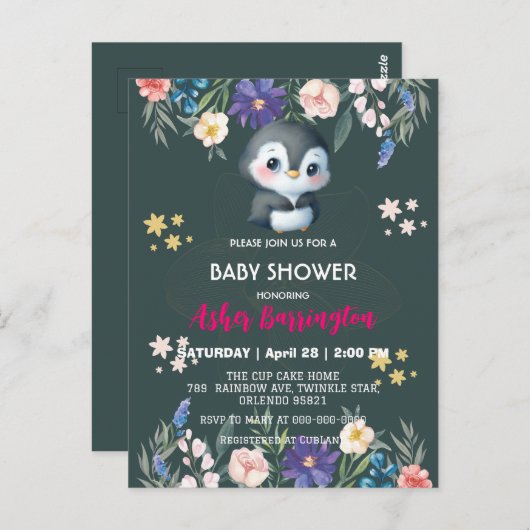 Grüne Niedliche Pinguine Blume Babydusche Kinder Postkarte (Vorne/Hinten)