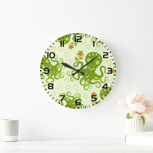 Grüne Oktopoden mit Blume Große Wanduhr