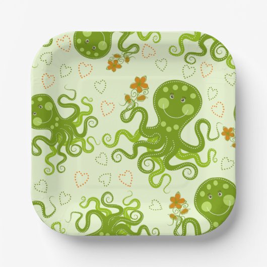 Grüne Oktopoden mit Blume Pappteller (Vorderseite)
