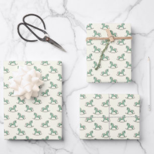 Grüne Old Fashioned Schaukelpferde Neue Babyparty Geschenkpapier Set