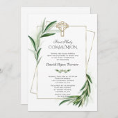 Grüne Olive Blätter Gold Erste Heilige Kommune Einladung (Vorne/Hinten)