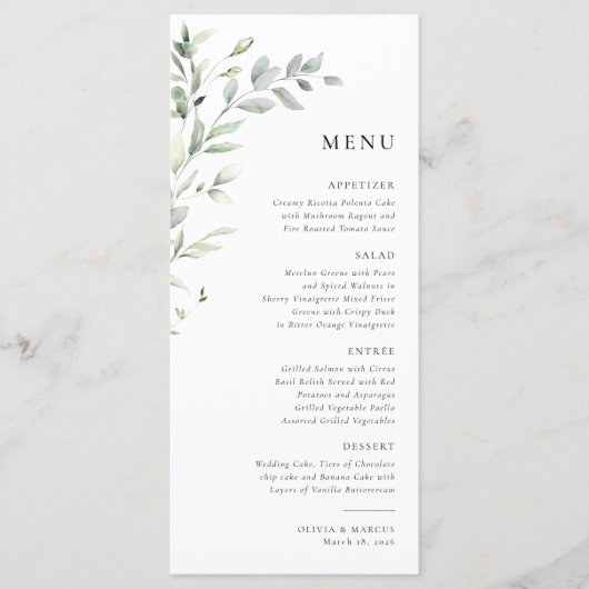 Grüne Olive Botanisches Hochzeitsmenü Programm (Vorderseite)