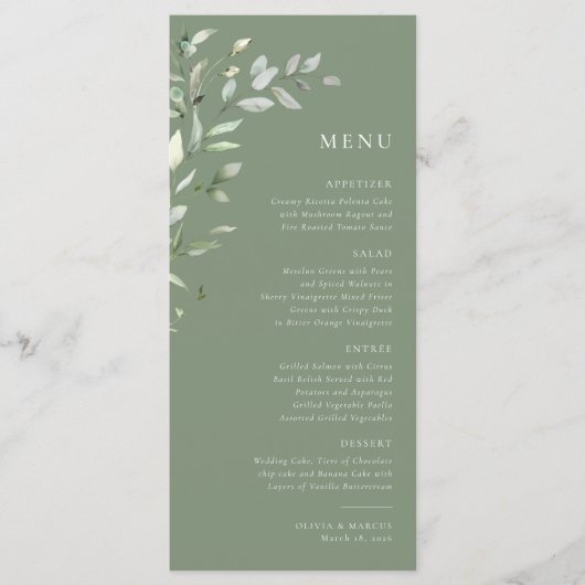 Grüne Olive Botanisches Hochzeitsmenü Programm (Vorderseite)