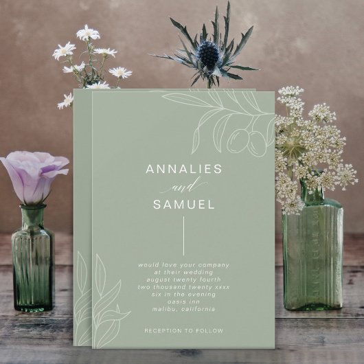 Grüne Olive Branch Moderne, stilvolle Hochzeit Einladung