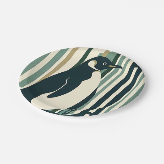 Grüne Olive Cream Pinguin Illustrationswald Pappteller (Schrägansicht)