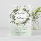 Grüne Olive Foliage Wreath White Roses Wedding Einladung (Stehend Vorderseite)