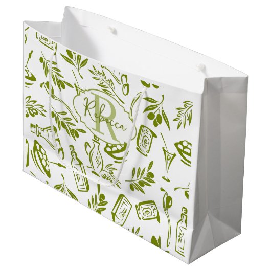 Grüne Olive Moderne Monogramm Name Schrift Wasserf Große Geschenktüte (Vorderseite Schrägansicht)