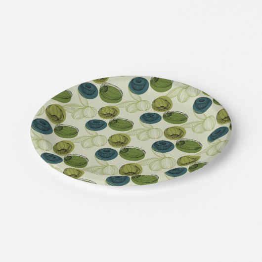 Grüne Olive Sketch Zeichnend Musterküche Pappteller (Schrägansicht)