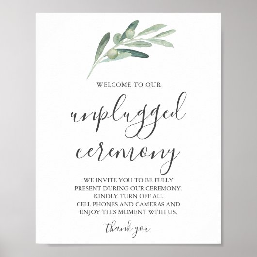 Grüne Olive Unplugged Wedding Sign Poster (Vorne)