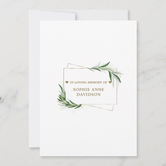 Grüne Olivenbäume Blätter Goldene Beerdigung Geden Einladung (Rückseite)