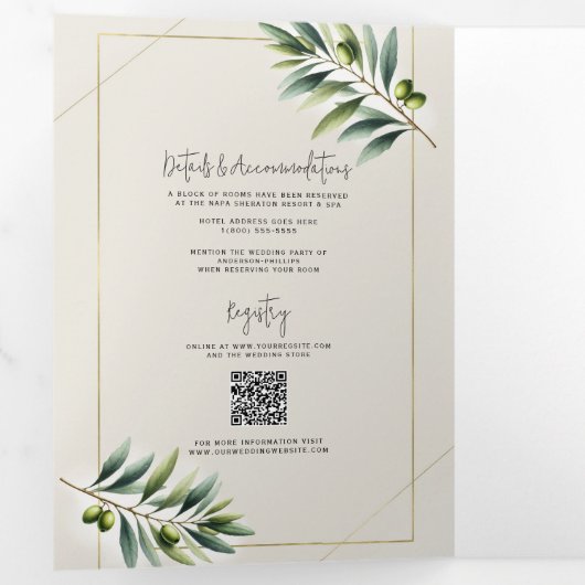 Grüne Olivenbäume Knochen Weiß und Gold Rustikale  Dreifach Gefaltete Einladung (Innen Erste Seite)