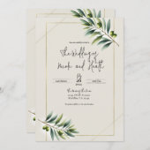 Grüne Olivenbäume Knochen Weiß und Gold Rustikale Einladung (Vorne/Hinten)