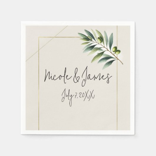 Grüne Olivenbäume Knochen Weiß und Gold Rustikale Serviette (Vorderseite)