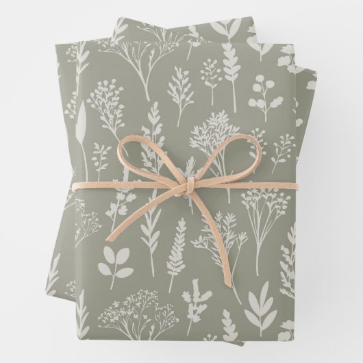 Grüne Olivenbäume Pflanze und Blumenmuster Geschenkpapier Set (Beispiel)