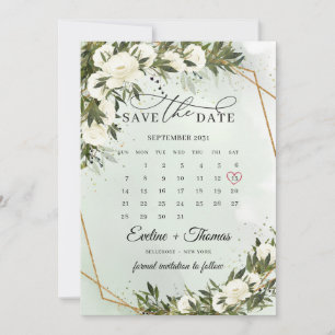 Grüne Olivenbäume, weiße Rosen Monat Kalender Save The Date