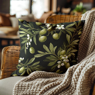 Grüne Olivenblätter Schwarz Elegant Botanisch Kissen