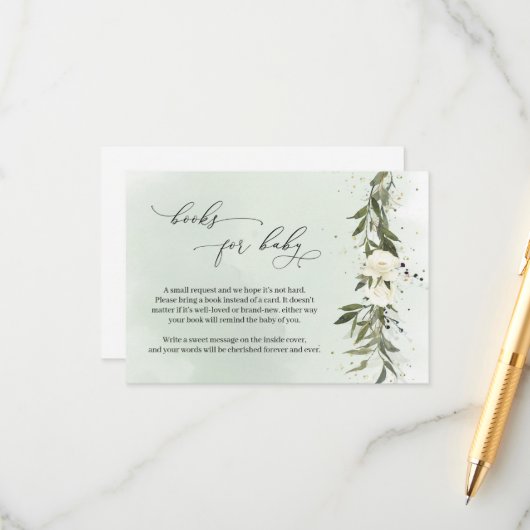 Grüne Olivenhaine Weiße Blumenbücher für Baby Begleitkarte (Vorderseite/Rückseite Beispiel)