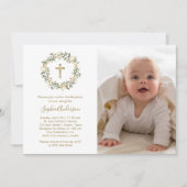 Grüne Olivenzweige und Gold | Foto-Taufe Einladung (Vorderseite)
