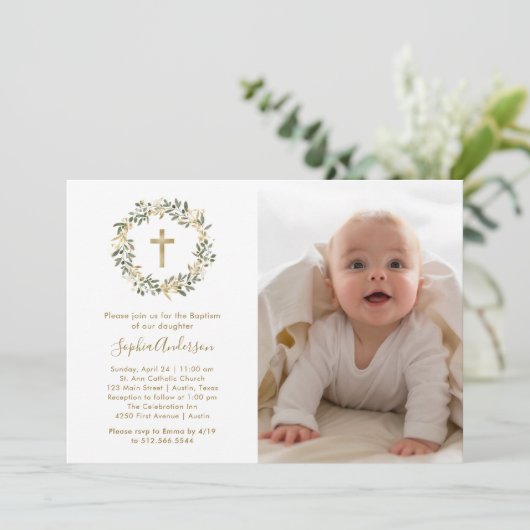 Grüne Olivenzweige und Gold | Foto-Taufe Einladung (Stehend Vorderseite)