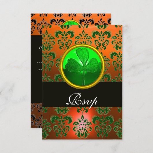 GRÜNE ORANGE DAMASK MIT KLEEBLATT, UAWG schwarz RSVP Karte (Vorne/Hinten)