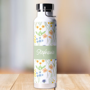 Grüne Orange Wasserfarbe Wildblumen-Monogramm-Name Trinkflasche