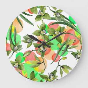 Grüne Orchideen: Aquarellblumen nahtlos. Große Wanduhr