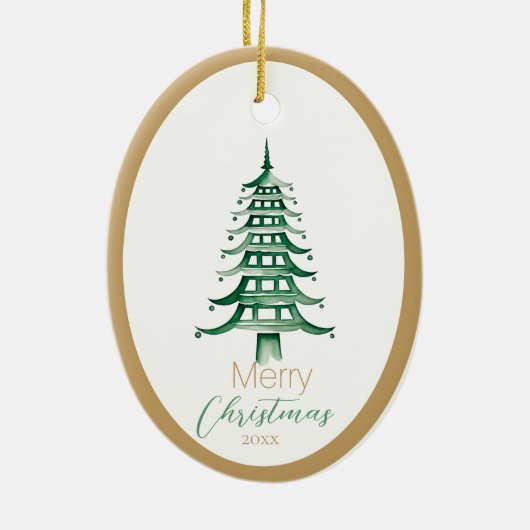 Grüne Pagode Weihnachtsbaum Keramik Ornament (Hinten)