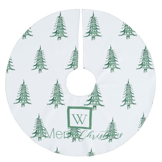 Grüne Pagode Weihnachtsbaum Mit Monogramm Muster Polyester Weihnachtsbaumdecke (Vorderseite)