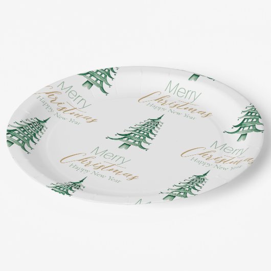 Grüne Pagode Weihnachtsbaummuster Papierplatte Pappteller (Schrägansicht)
